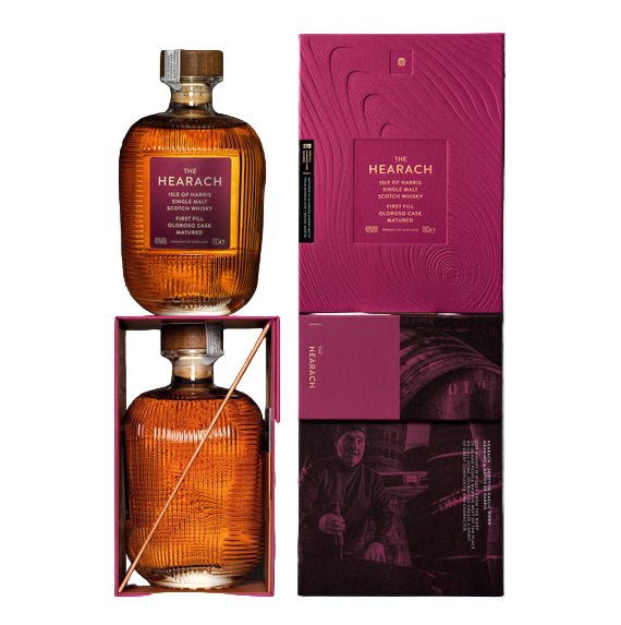 Whiskey bottle and packaging with 'The Hearach' Olorosso Cask branding on a black background