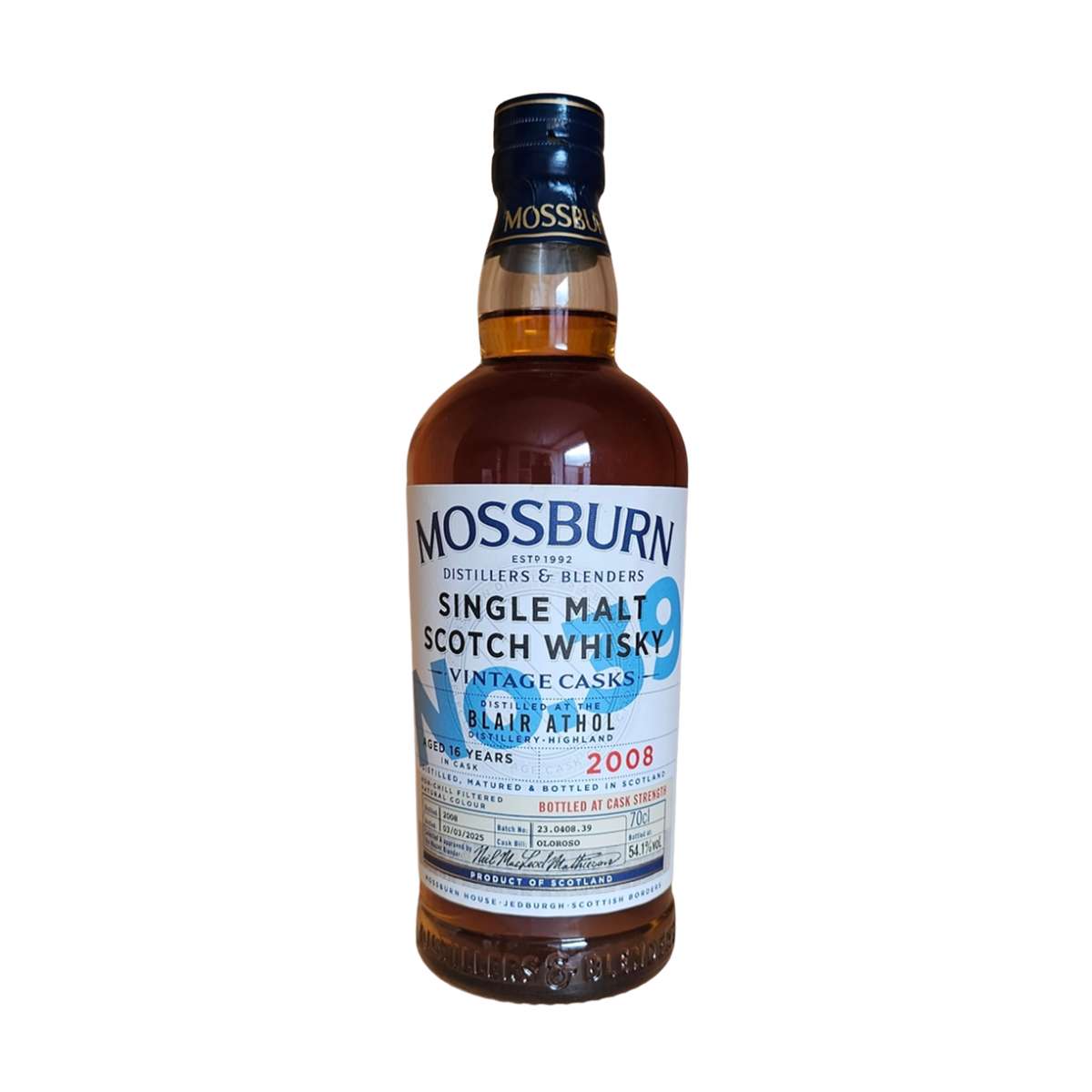 Bottle of Mossburn Blair Athol Single Malt Scotch Whisky on a white background