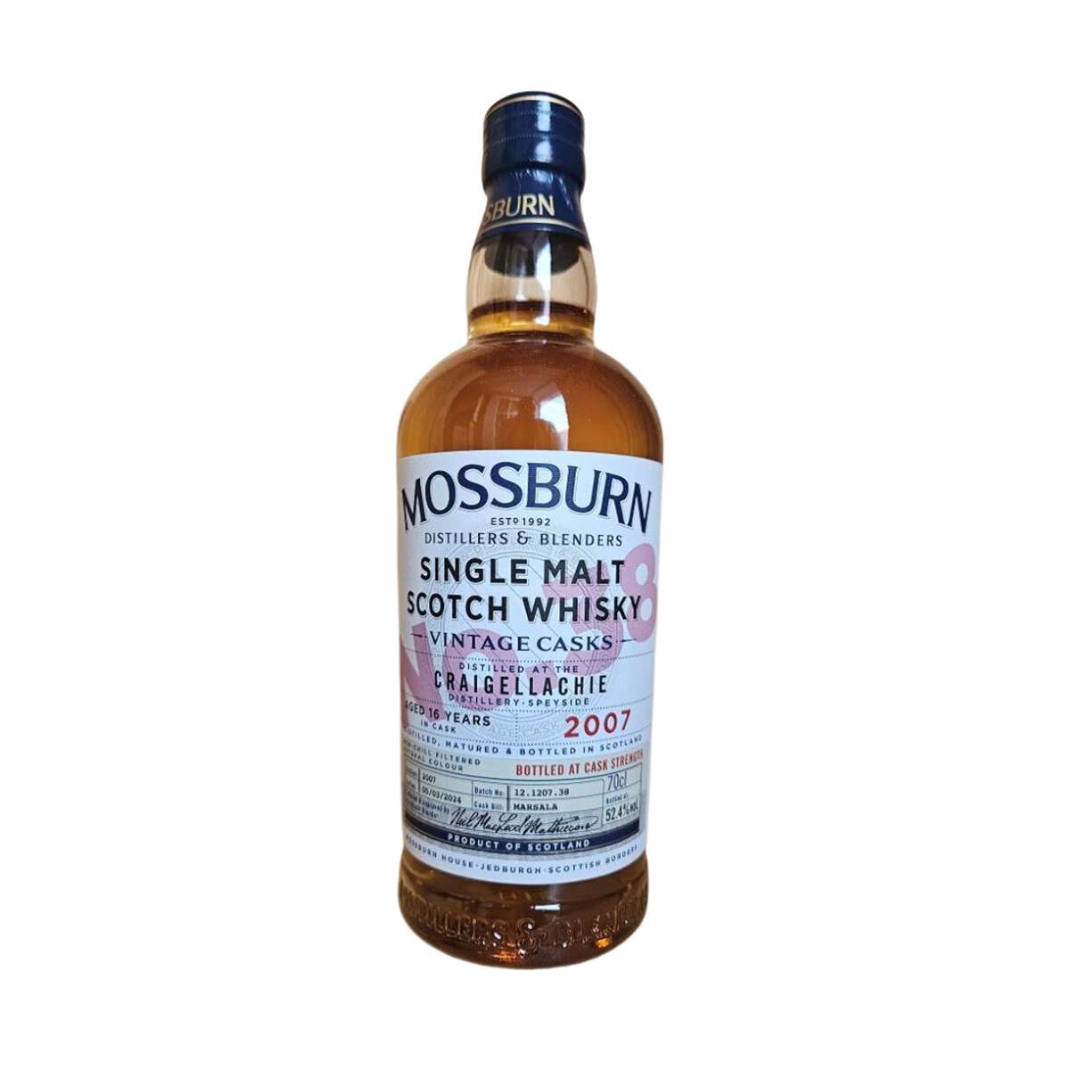 Bottle of Mossburn Craigellachie Single Malt Scotch Whisky on a white background