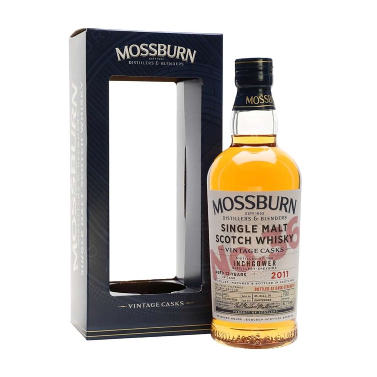 Mossburn Single Malt Scotch Whisky bottle with packaging on a white background