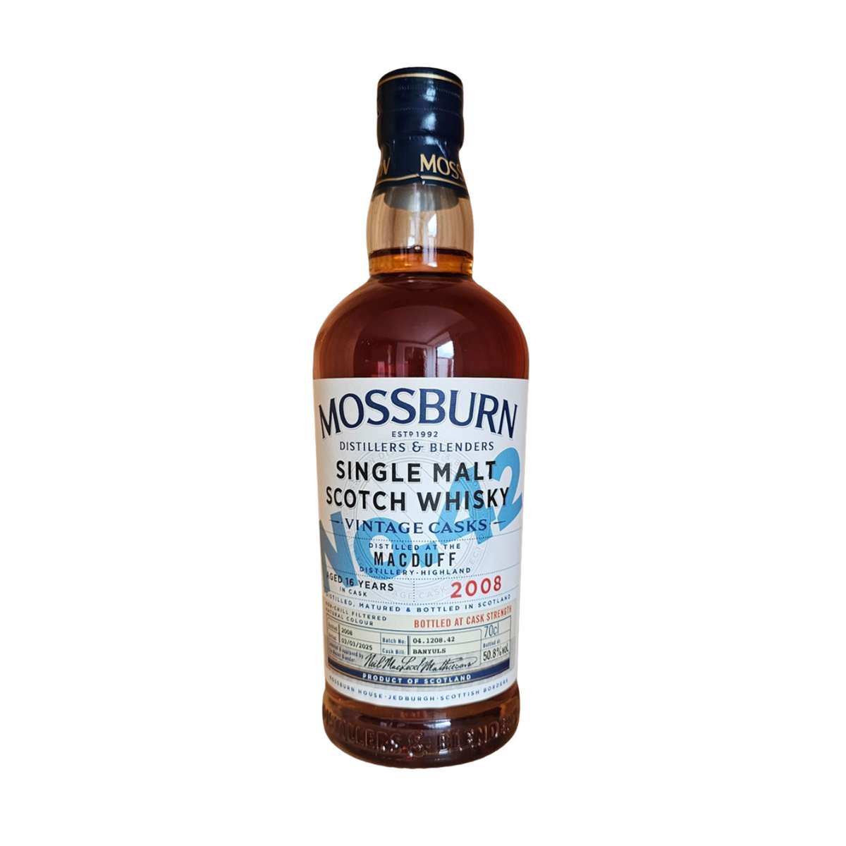 Bottle of Mossburn Macduff Single Malt Scotch Whisky on a white background