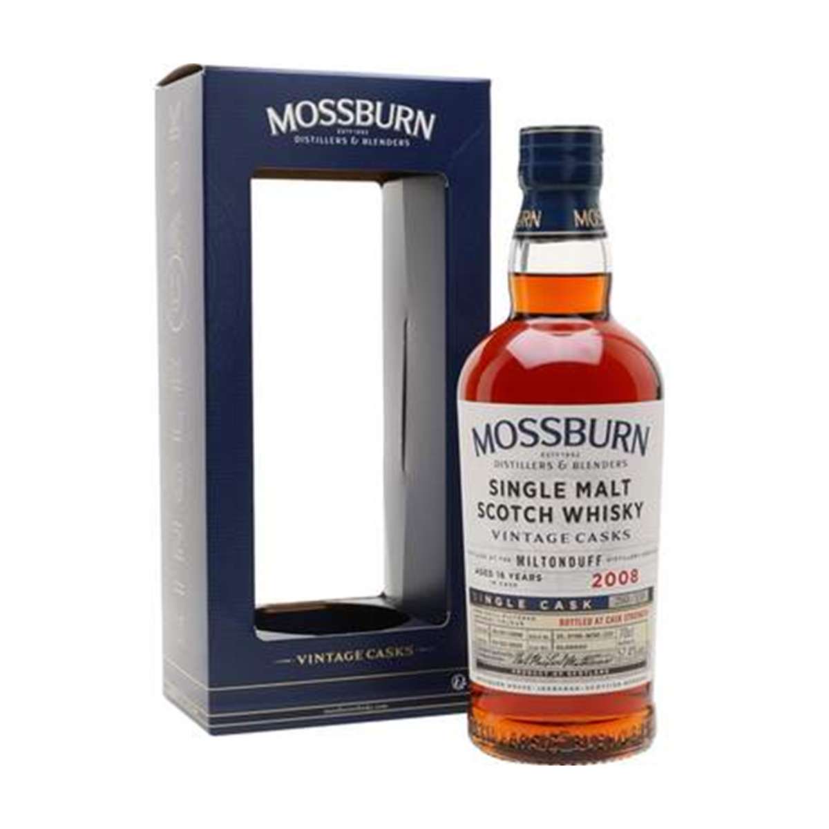 Mossburn Miltonduff Single Malt Scotch Whisky bottle with packaging on a white background