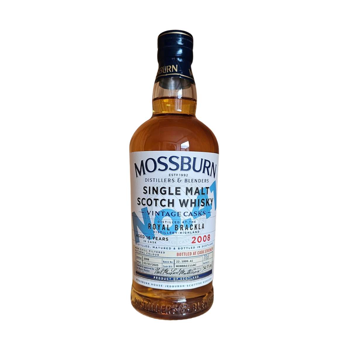 Bottle of Mossburn Royal Brackla Single Malt Scotch Whisky on a white background