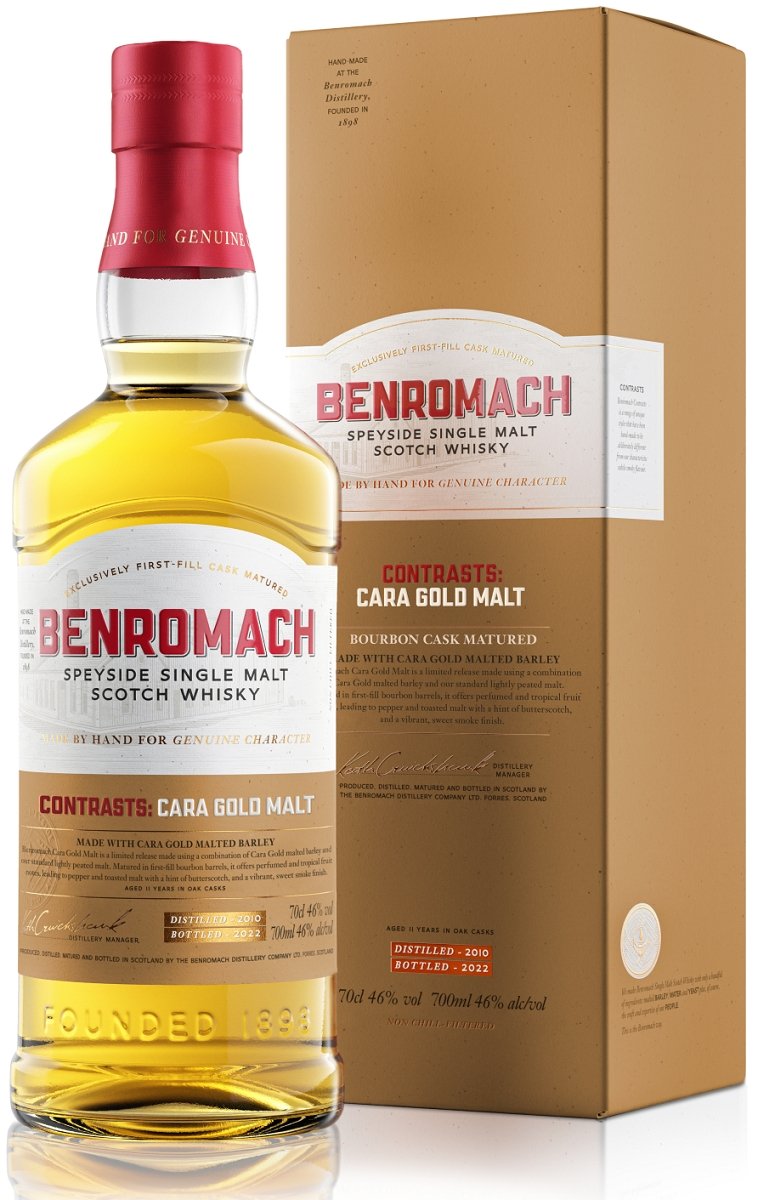 Bottle of Benromach Contrasts: Cara Gold Malt, Speyside Single Malt Scotch Whisky, 46%